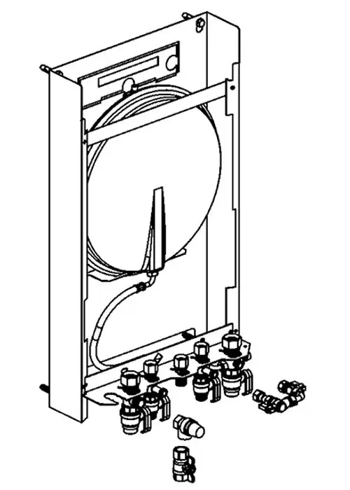 Illustration eines Montage-Set für Daikin Produkte, bestehend aus verschiedenen Anschlussstücken und Rohren, um eine Installation zu unterstützen.